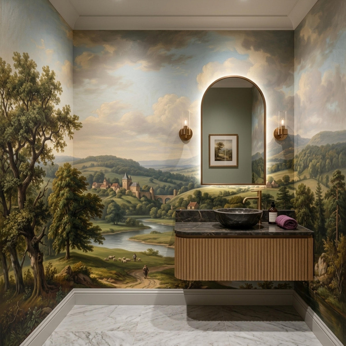 A bathroom vanity with a dark marble countertop and wooden cabinet, set against a wall covered in a vintage landscape painting mural.