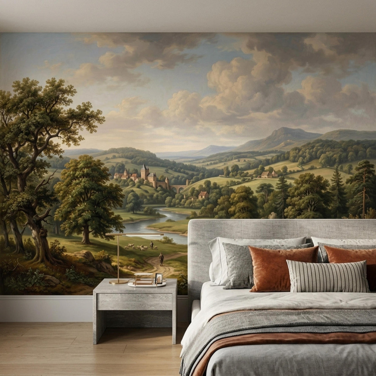 A bedroom featuring a grey bed with layered pillows and blankets, positioned against a large wall mural of an old world countryside landscape.