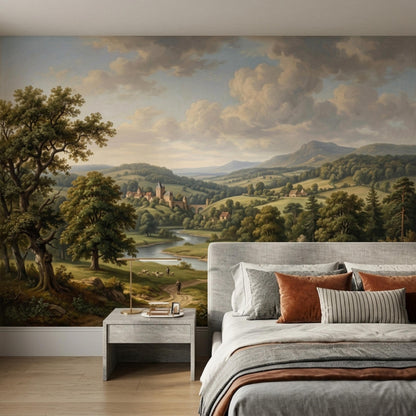 A bedroom featuring a grey bed with layered pillows and blankets, positioned against a large wall mural of an old world countryside landscape.
