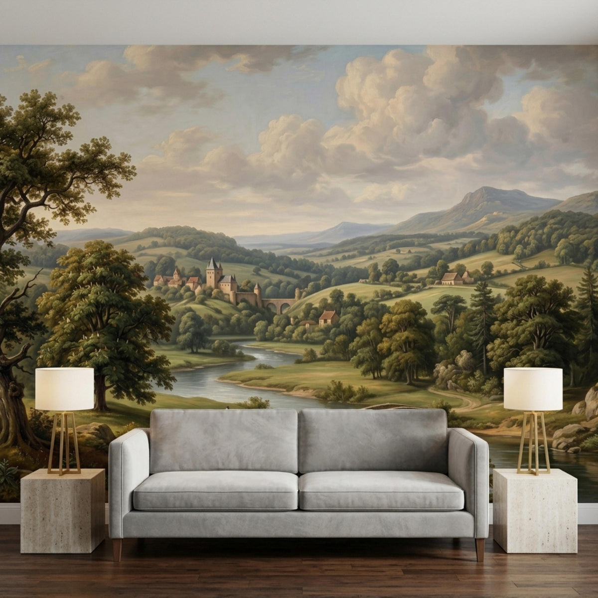 A light grey sofa flanked by two lamps on stone pedestals, placed in front of a massive vintage oil painting wall mural of a valley.