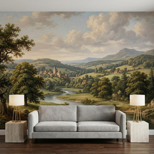 A light grey sofa flanked by two lamps on stone pedestals, placed in front of a massive vintage oil painting wall mural of a valley.