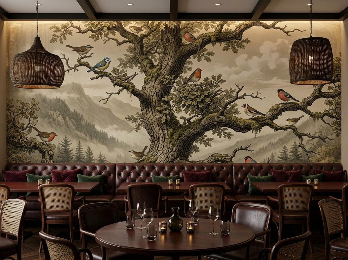 The dark academia tree mural on a restaurant wall above a tufted leather booth and round wooden dining tables with woven chairs.