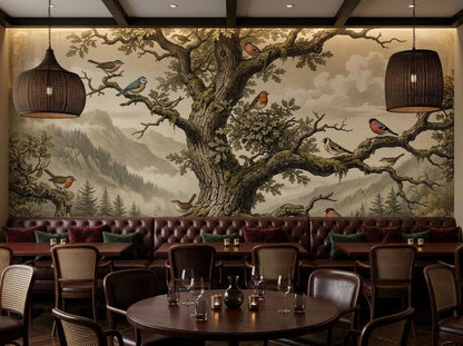 The dark academia tree mural on a restaurant wall above a tufted leather booth and round wooden dining tables with woven chairs.