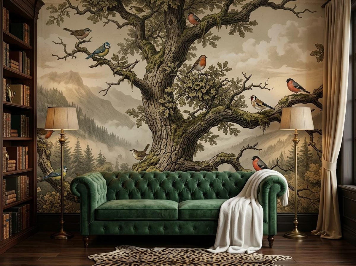 The woodland etching mural displayed on a wall between tall bookcases, with a green tufted velvet sofa and matching floor lamps in the foreground.