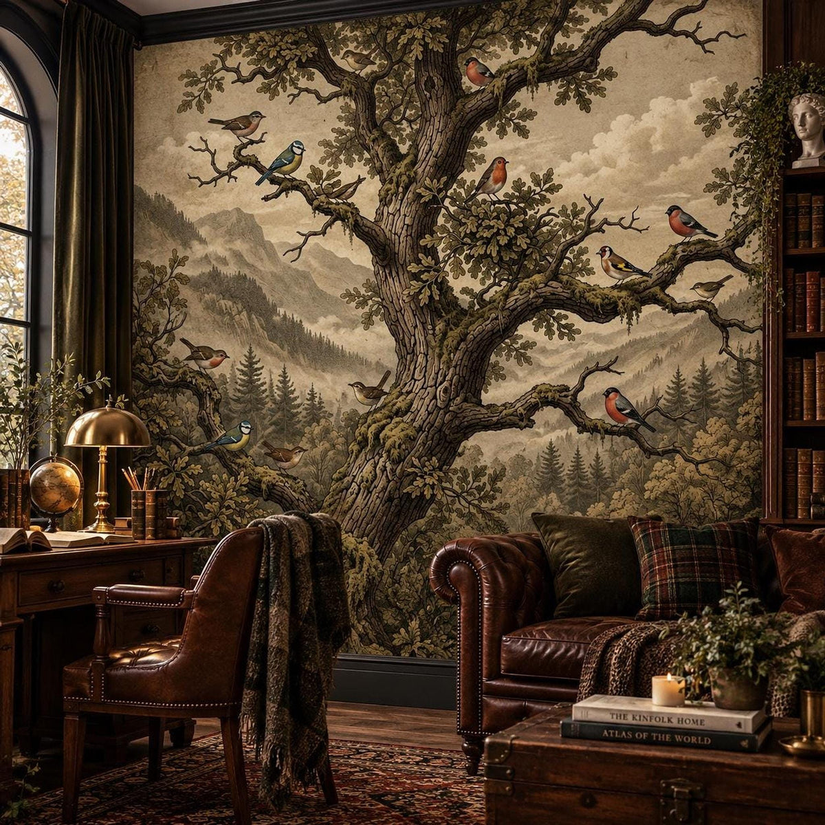 A woodland etching wall mural featuring a large gnarled oak tree and birds, behind a vintage study setup with a leather armchair and wooden desk.