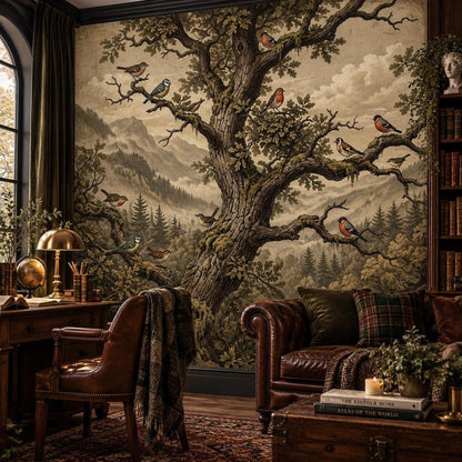 A woodland etching wall mural featuring a large gnarled oak tree and birds, behind a vintage study setup with a leather armchair and wooden desk.