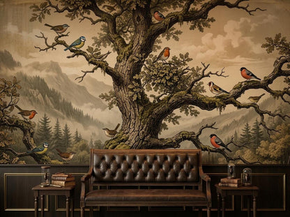 The woodland tree and mountain wall mural centered above a brown tufted leather bench and two small wooden side tables.