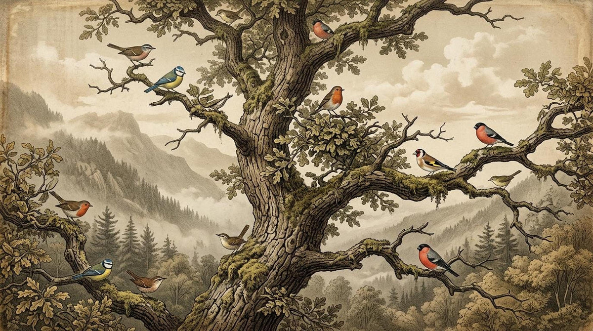 A flat view of the woodland etching wallpaper showing a detailed antique tree with various perching birds against a mountain landscape.