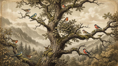 A flat view of the woodland etching wallpaper showing a detailed antique tree with various perching birds against a mountain landscape.