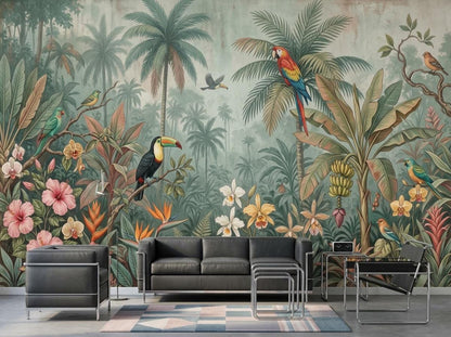 A black leather sofa and matching armchair are arranged in front of the exotic jungle wall mural in a modern living room setting.