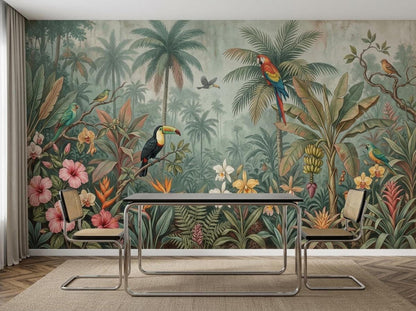 A dining table with cane-back chairs is set against the large-scale tropical rainforest wallpaper mural depicting exotic birds and lush vegetation.