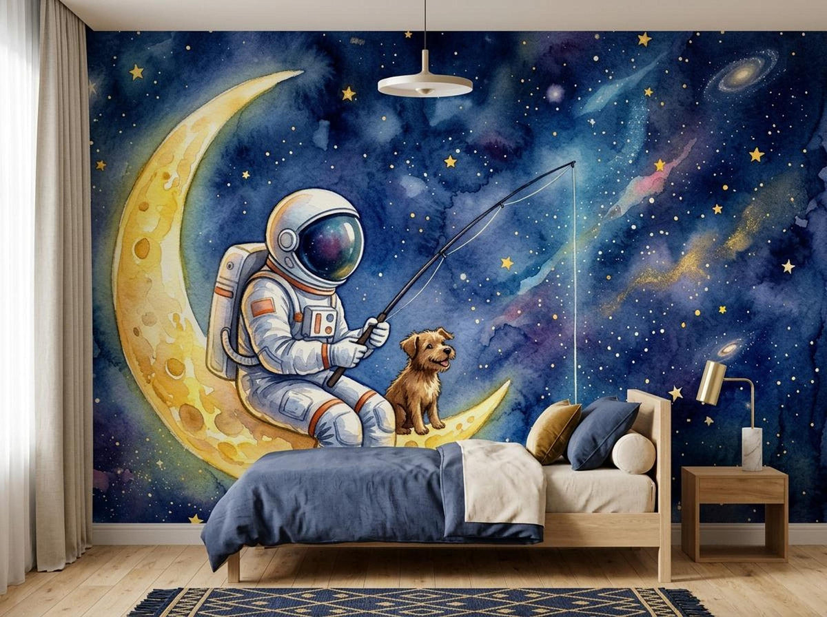 A child's bed with blue bedding sits in a room featuring a large watercolor mural of an astronaut and a dog fishing on a crescent moon under a starry night sky.