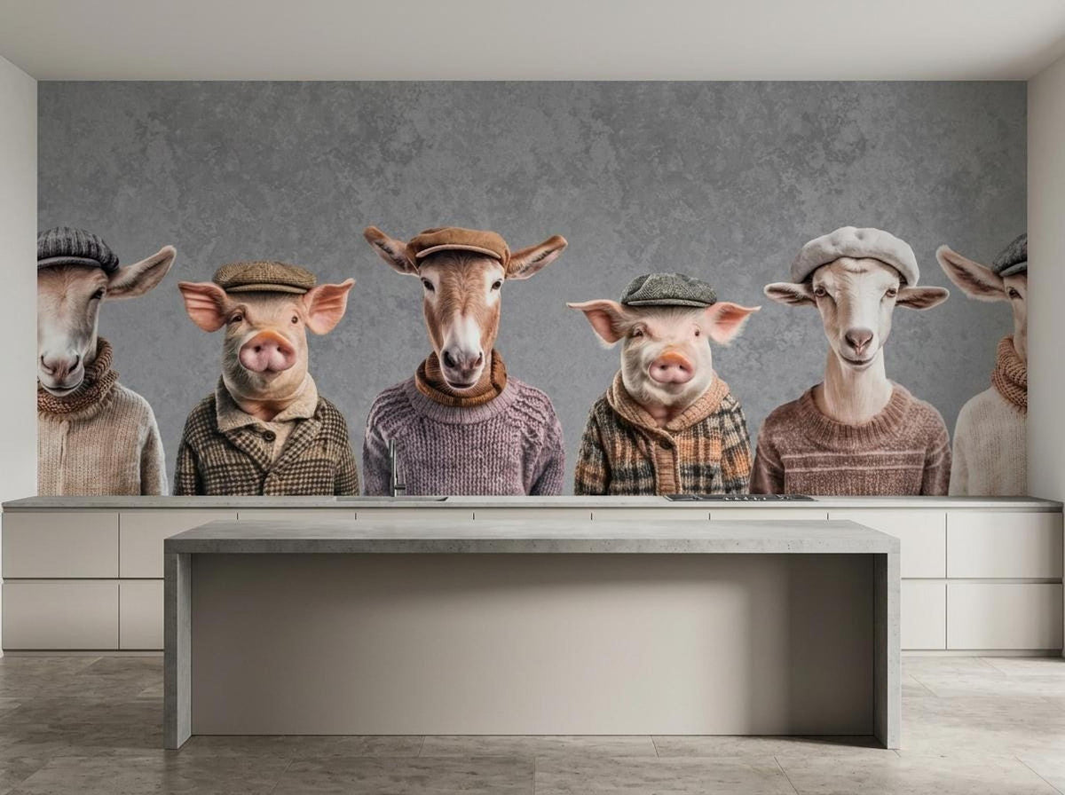 A modern kitchen island in front of a wall mural depicting anthropomorphic farm animals in sweaters and caps.