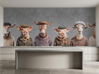 A modern kitchen island in front of a wall mural depicting anthropomorphic farm animals in sweaters and caps.