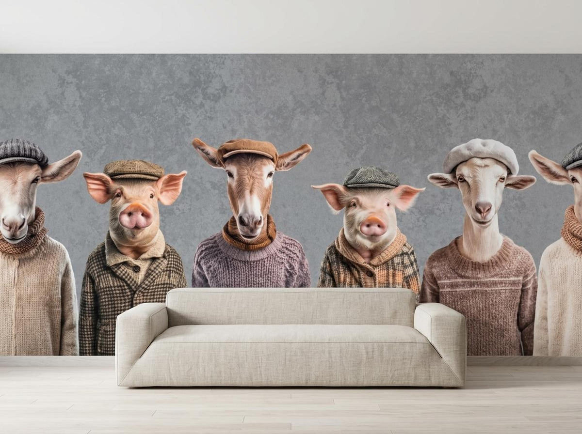 A beige sofa centered in front of a grey textured wall mural showing dressed-up farm animals.