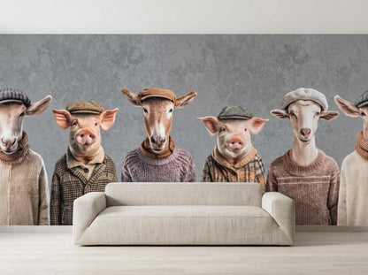 A beige sofa centered in front of a grey textured wall mural showing dressed-up farm animals.