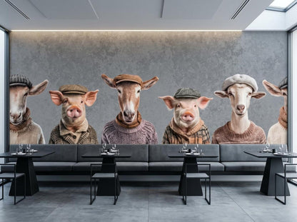 A restaurant dining area featuring a large wall mural of anthropomorphic farm animals wearing vintage clothing and caps.