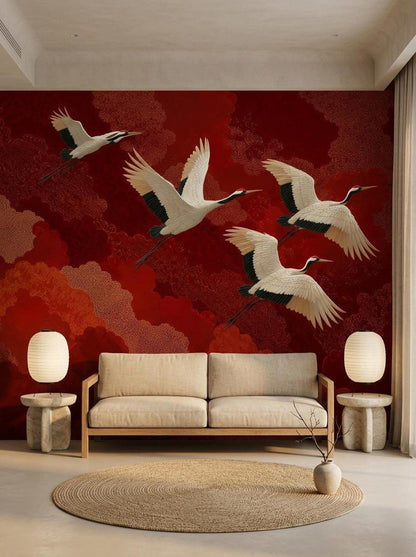 A living room scene features a bold red Japanese crane wallpaper mural behind a beige sofa and two side tables with lamps.