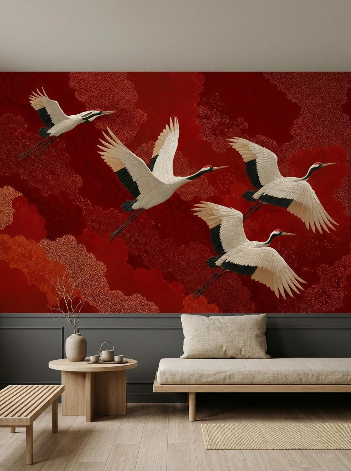 A minimalist seating area with a daybed, a small wooden round table, and a red Japanese crane wallpaper mural on the wall.