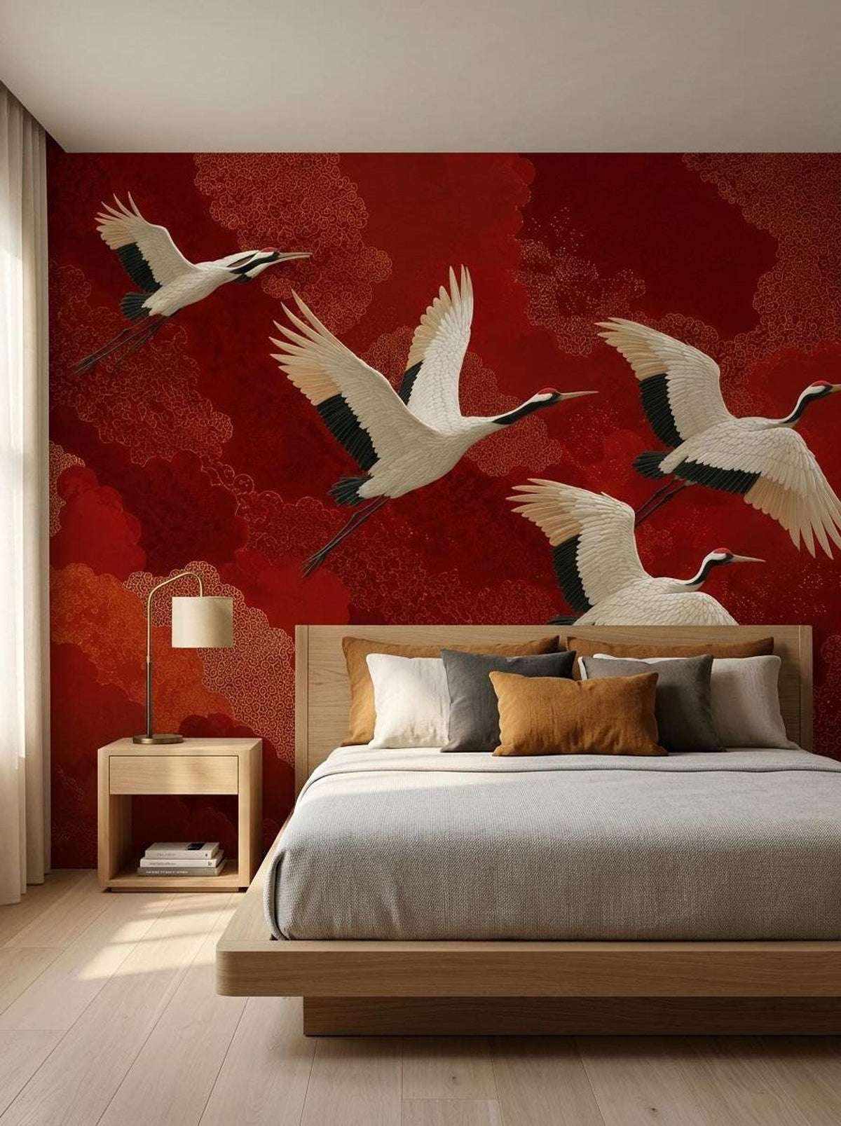 A bedroom features a platform bed with neutral bedding placed in front of a striking red Japanese crane wallpaper mural.