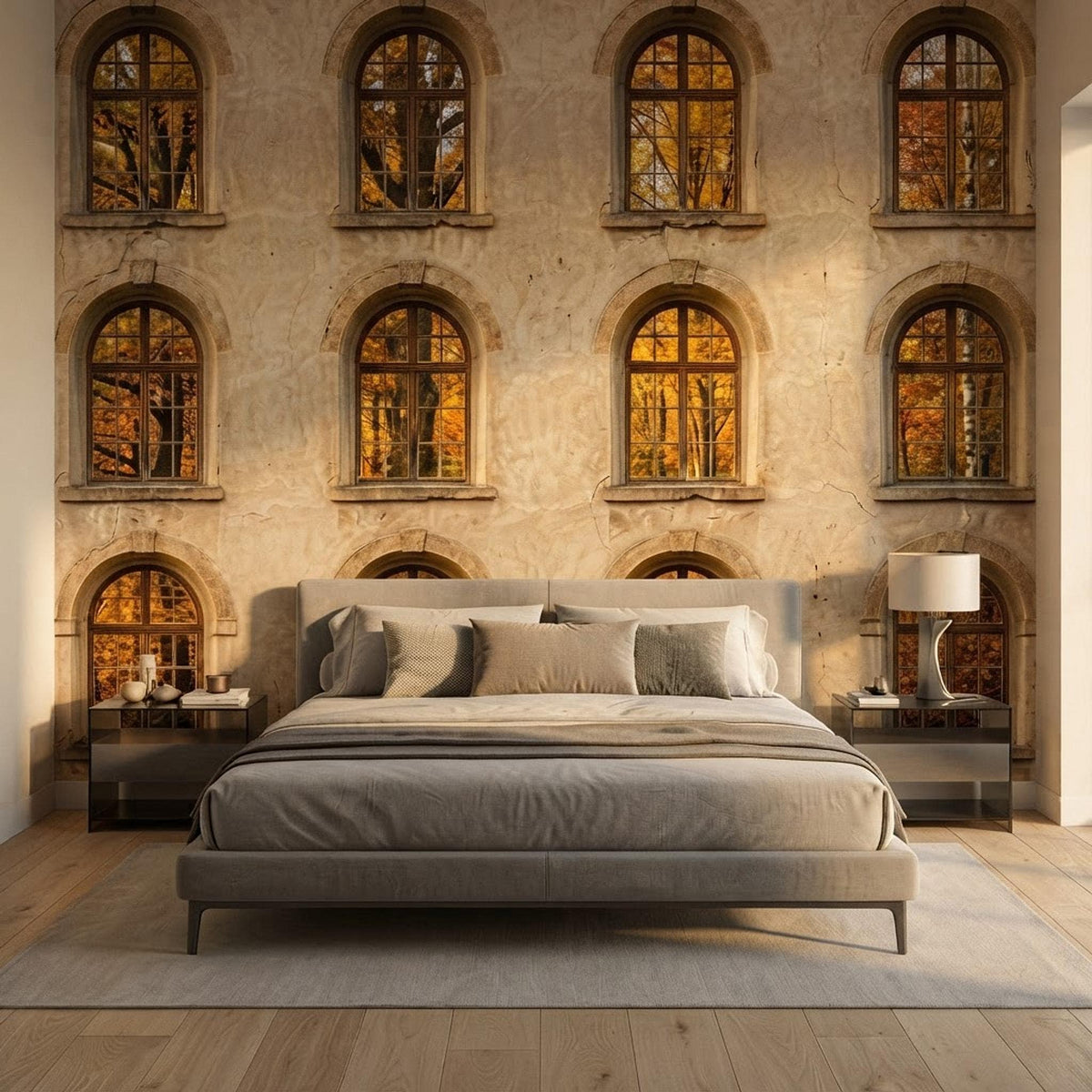 European Arched Window Wall Mural, Trompe Loeil Stone Facade Wallpaper (Digital Download) shown in an AI-generated listing photo