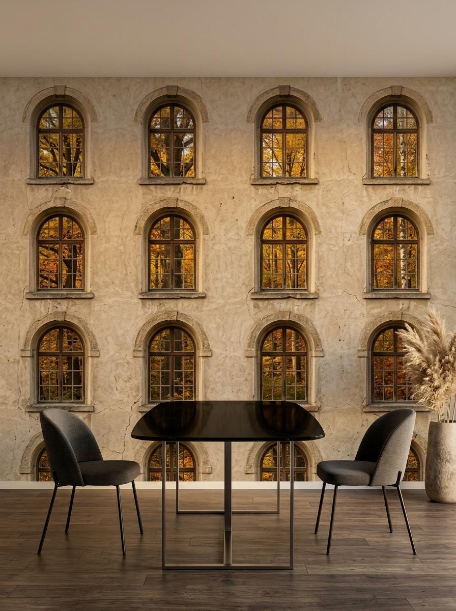 A dining space with a dark rectangular table and two dark gray chairs set in front of a textured wall mural of an antique stone building facade with autumn window views.