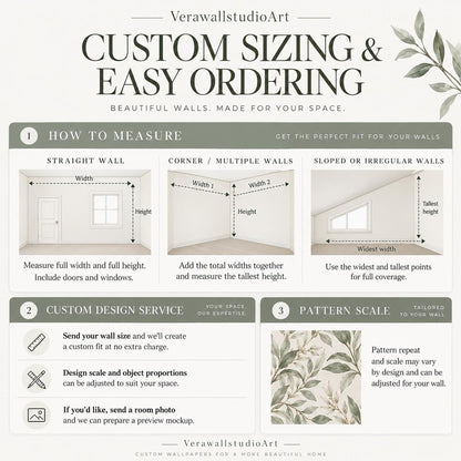 An informational graphic illustrating how to measure walls for custom-sized wallpaper orders, featuring diagrams for straight, corner, and sloped walls.