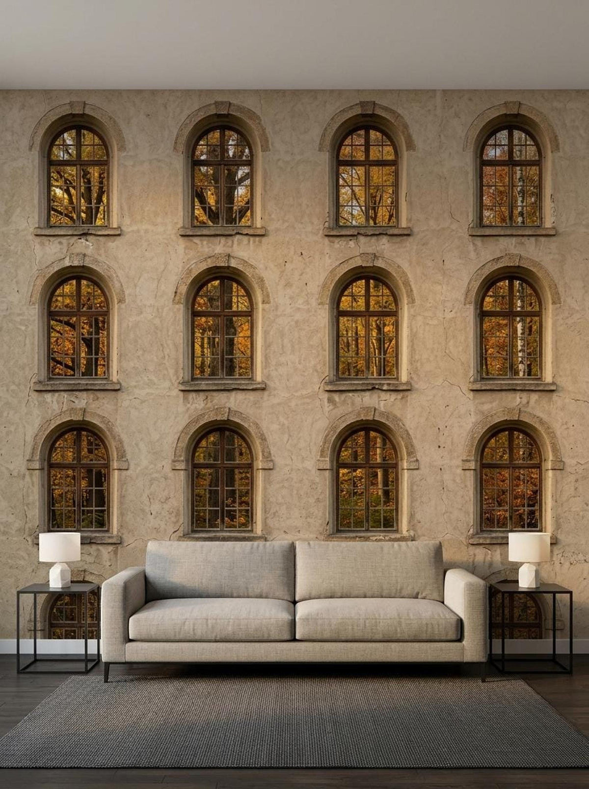 A minimalist living room setting with a light gray sofa and two matching side tables positioned in front of an architectural stone facade wallpaper mural with autumn forest window views.