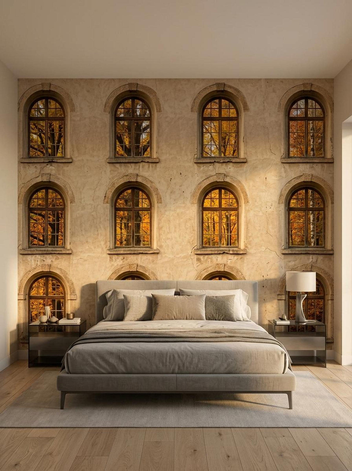 A modern bedroom featuring an accent wall covered in a trompe l'oeil wallpaper showing rows of arched windows with an autumn forest view.