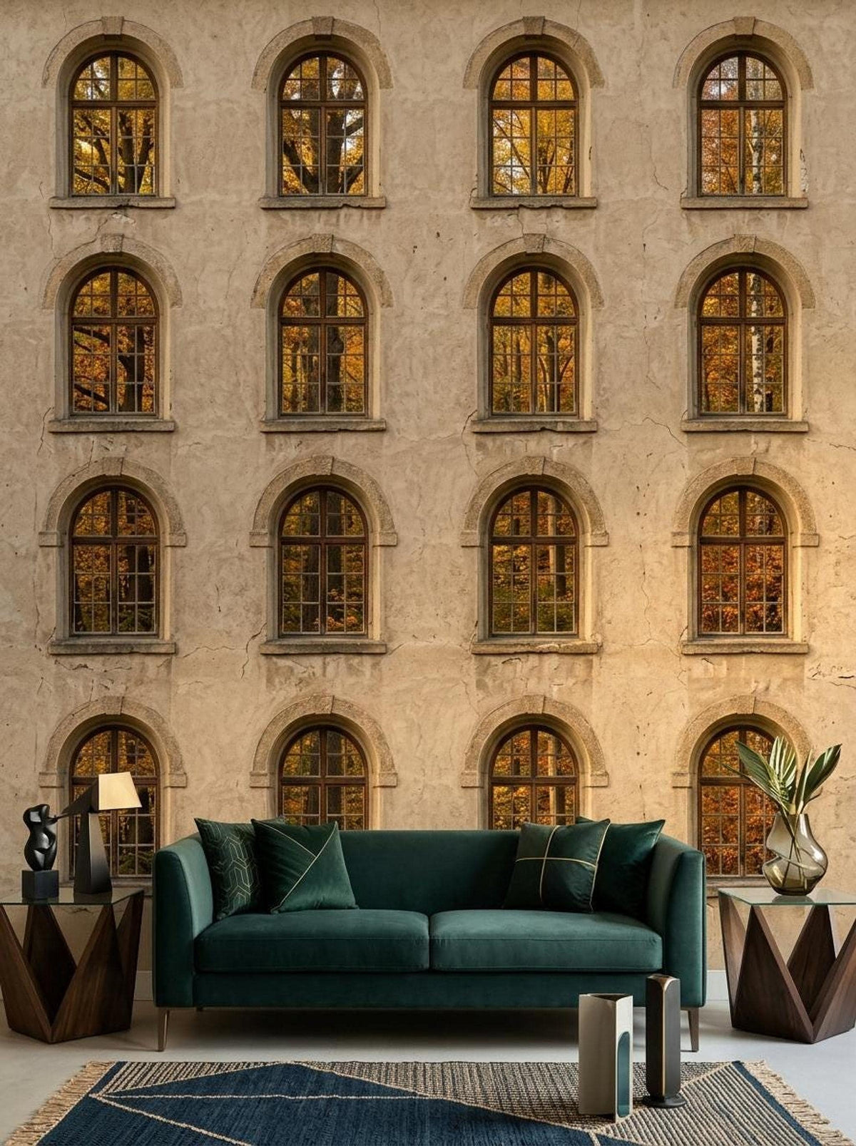 A living room interior featuring a dark green velvet sofa against a wall covered in a mural of an aged stone facade with arched windows showing fall foliage.