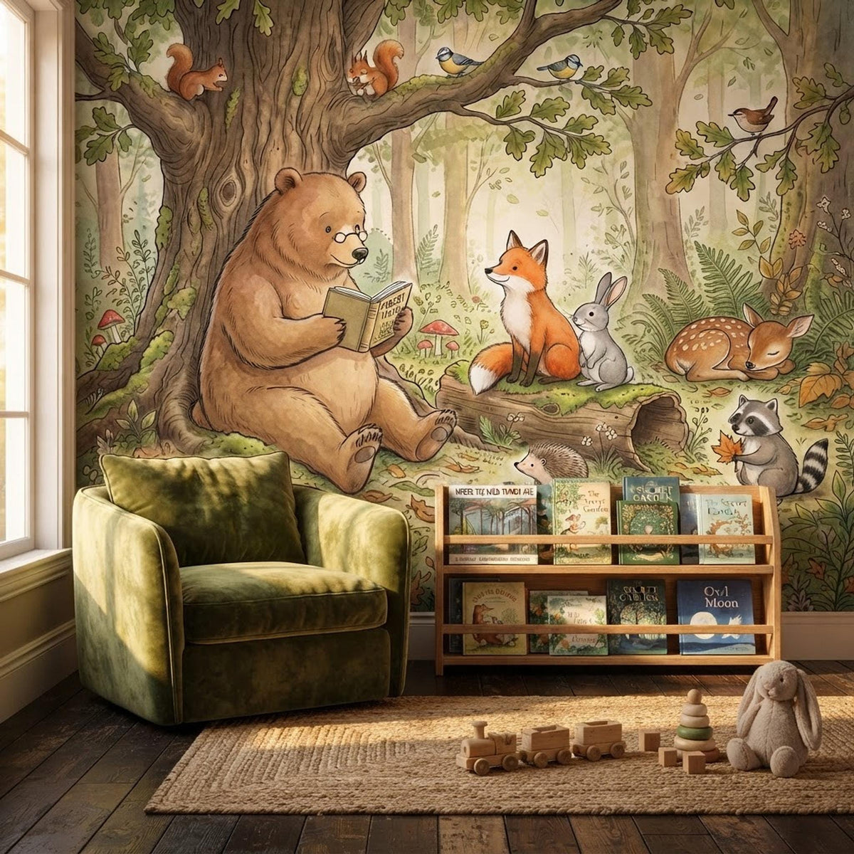 Woodland Storybook Forest Mural Watercolor Animal Wallpaper, Whimsical Nursery Decor, Enchanted Forest Wall Art shown in an AI-generated listing photo