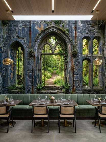 A restaurant dining area featuring a stone ruin wallpaper mural with arched windows looking onto a forest, with green tufted banquette seating and wooden tables.