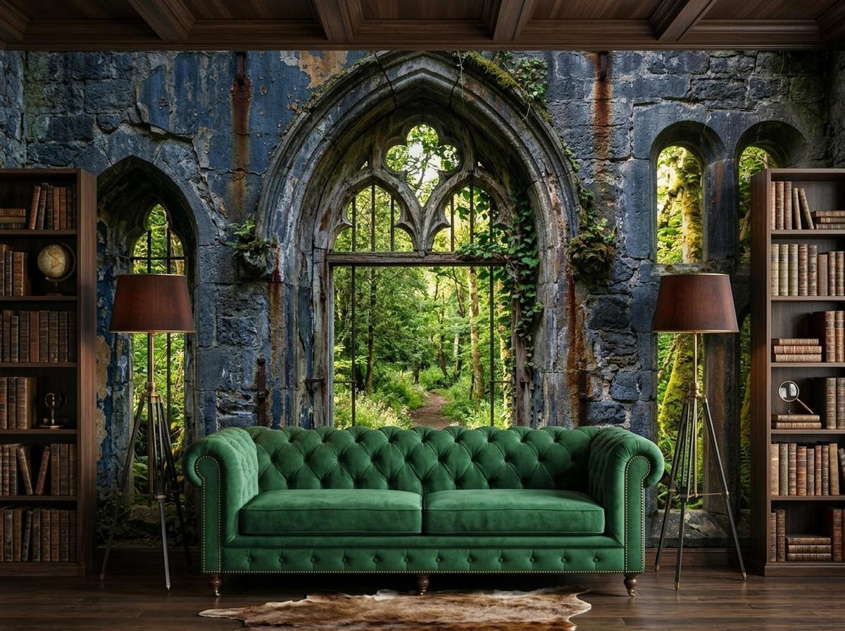 A room featuring a gothic stone ruin wallpaper mural with a forest view, a green tufted velvet sofa, two wooden bookcases, and two floor lamps.