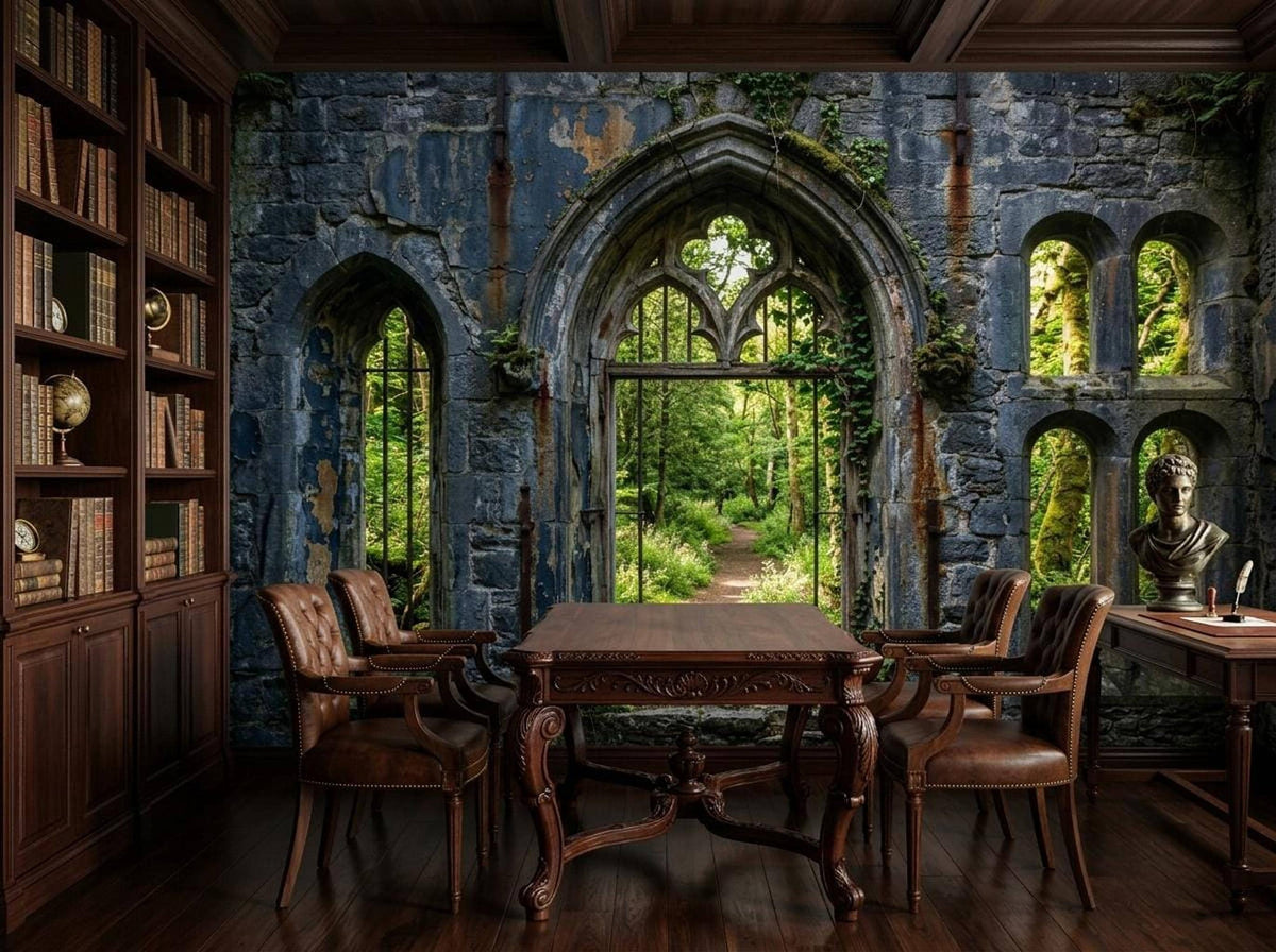 A home library featuring a stone ruin wallpaper mural of an arched forest window, dark wood bookcases, a dining table with leather armchairs, and a desk.