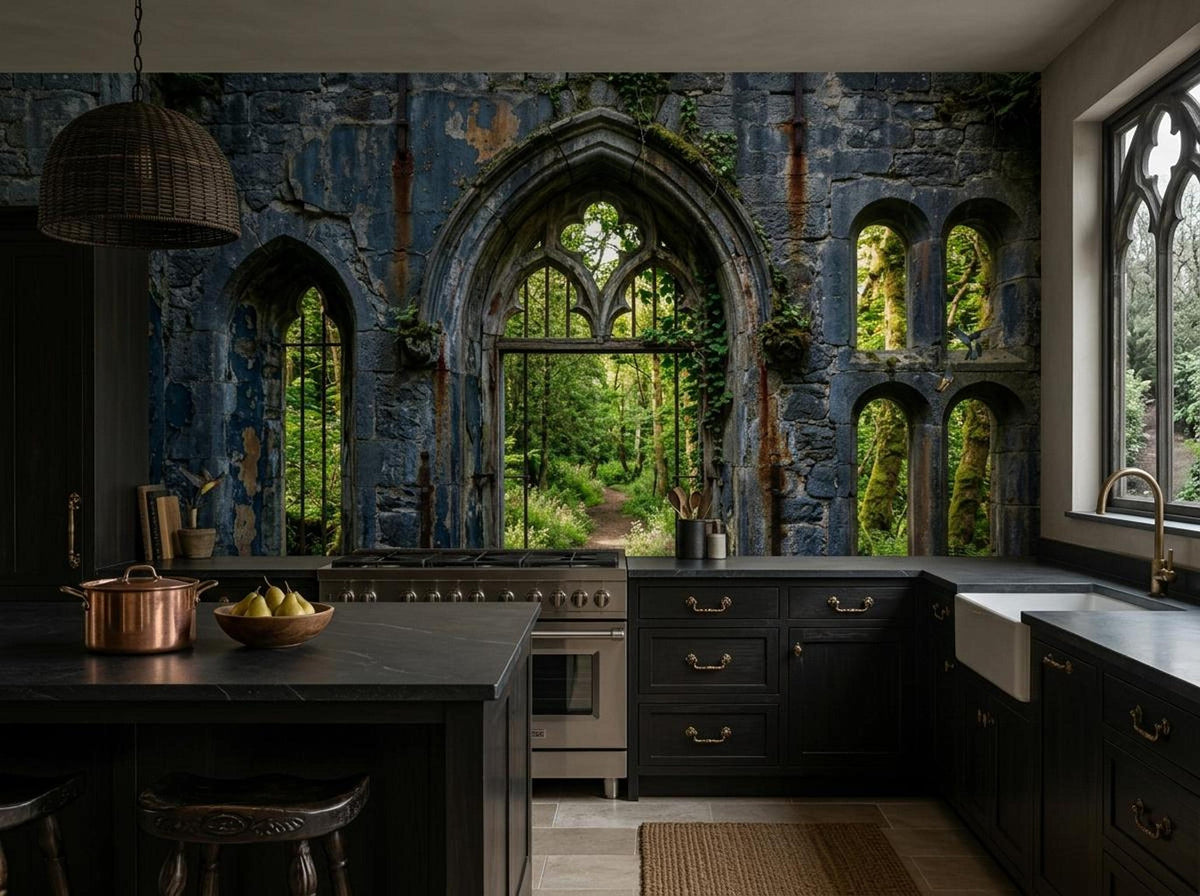 A kitchen with dark cabinetry and a stone ruin wallpaper mural showing an enchanted forest through gothic arched windows.