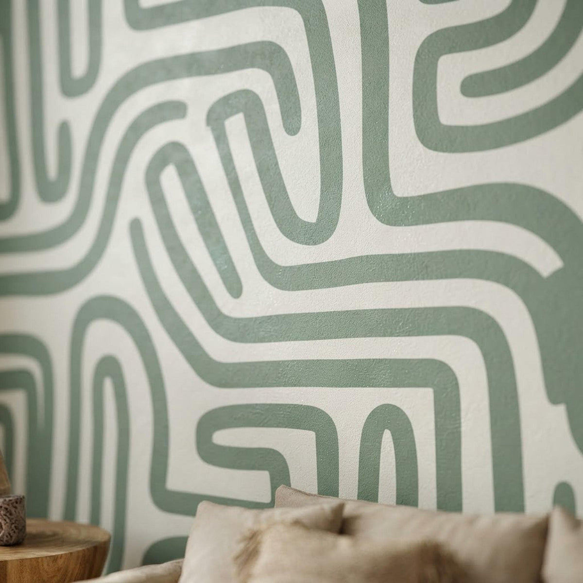 Sage Green Maze Wallpaper, Modern Geometric Mural, Boho Accent Wall (Peel & Stick) shown in an AI-generated listing photo