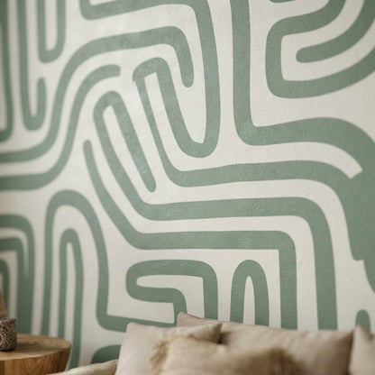Sage Green Maze Wallpaper, Modern Geometric Mural, Boho Accent Wall (Peel & Stick) shown in an AI-generated listing photo