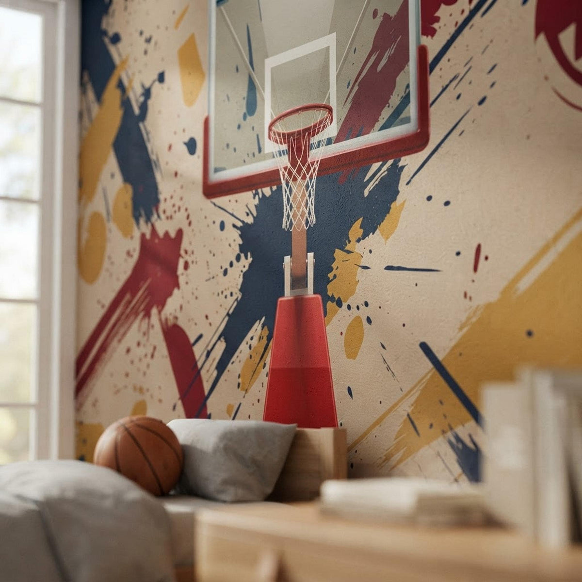 Abstract Graffiti Basketball Wall Mural, Urban Sports Room Decor, Peel and Stick Wallpaper shown in an AI-generated listing photo