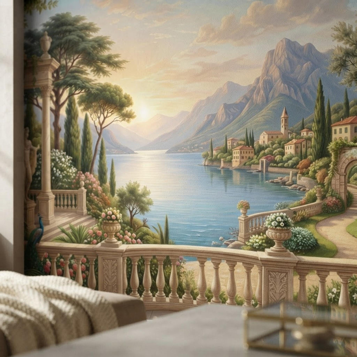 Vintage Italian Landscape Mural, Lake Como Wall Art, Old World Decor (Scenic Wall Decal) shown in an AI-generated listing photo