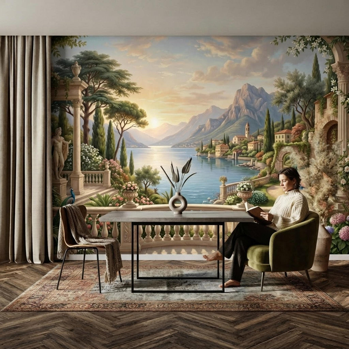 Vintage Italian Landscape Mural, Lake Como Wall Art, Old World Decor (Scenic Wall Decal) shown in an AI-generated listing photo