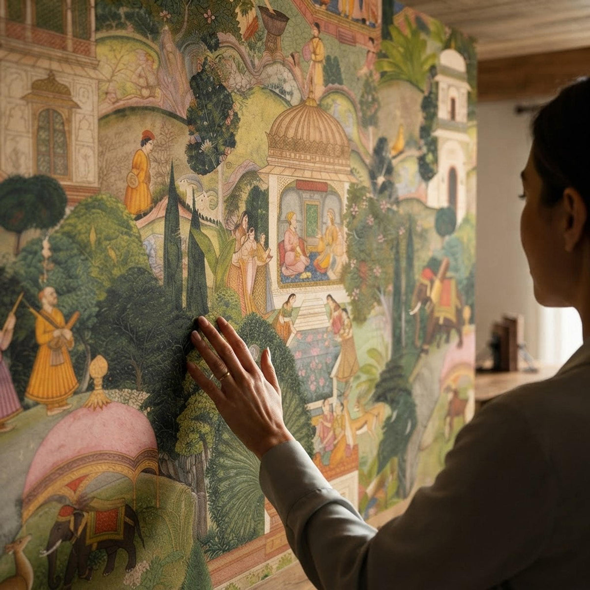 Indian Miniature Painting Mural Wallpaper, Mughal Garden Wall Art (Peel & Stick) shown in an AI-generated listing photo