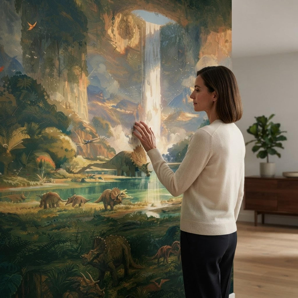 Painterly Dinosaur Jungle Waterfall Mural, Epic Prehistoric Nursery Wall Decor shown in an AI-generated listing photo