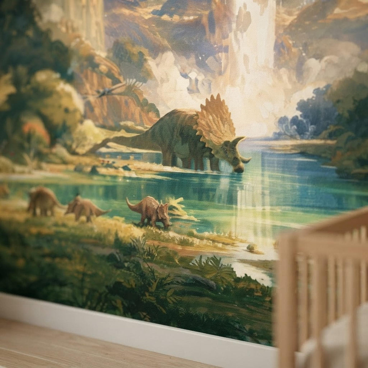 Painterly Dinosaur Jungle Waterfall Mural, Epic Prehistoric Nursery Wall Decor shown in an AI-generated listing photo