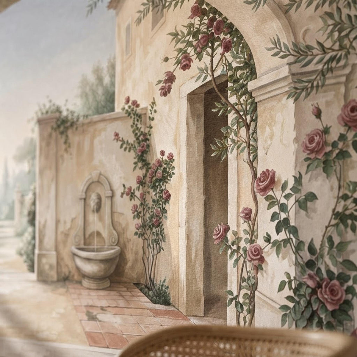 Mediterranean Garden Archway Mural, Tuscan Villa Landscape Wallpaper, Romantic Floral Art shown in an AI-generated listing photo
