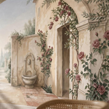Mediterranean Garden Archway Mural, Tuscan Villa Landscape Wallpaper, Romantic Floral Art shown in an AI-generated listing photo