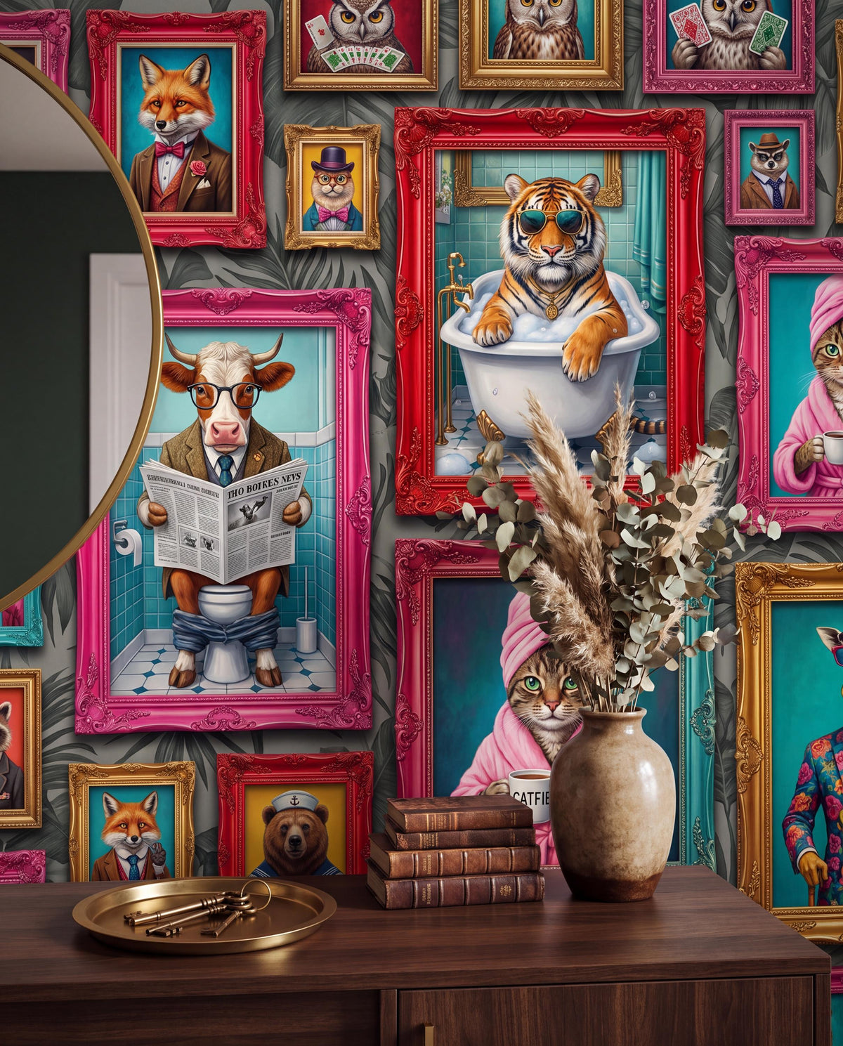 Maximalist wallpaper featuring an arrangement of framed portraits of anthropomorphic animals in various human roles.
