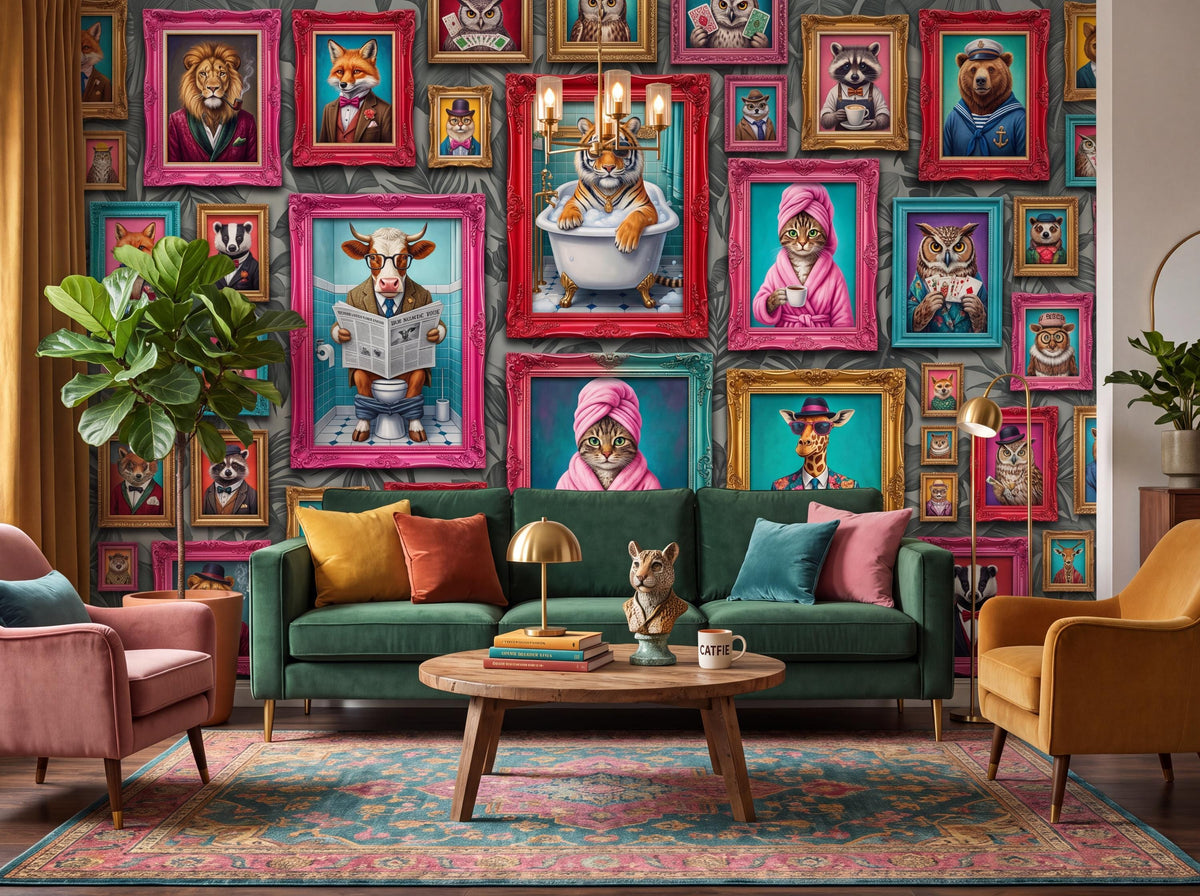 A living room interior with a green sofa, pink and yellow armchairs, a wooden coffee table, and an animal portrait wallpaper backdrop.