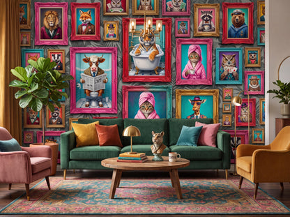 A living room interior with a green sofa, pink and yellow armchairs, a wooden coffee table, and an animal portrait wallpaper backdrop.