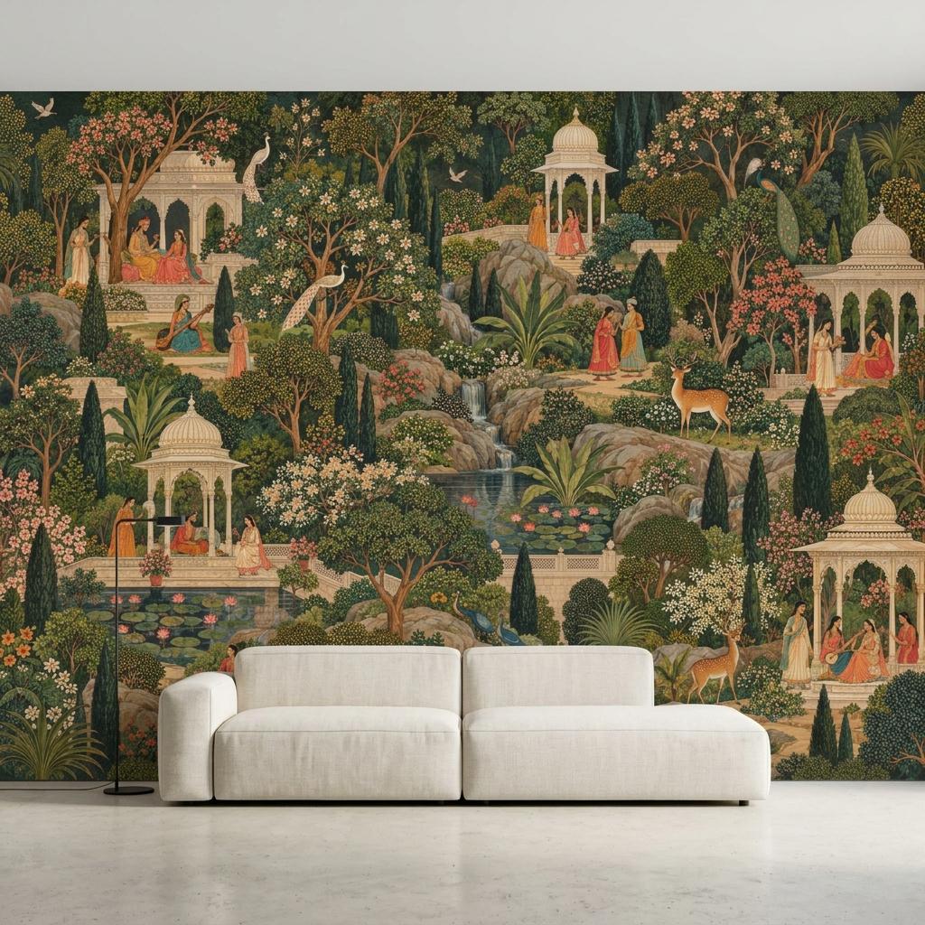 Mughal Garden Pichwai Wallpaper, Green Forest Palace Landscape (Custom Sizing)