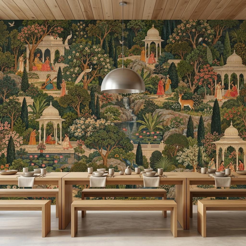 Mughal Garden Pichwai Wallpaper, Green Forest Palace Landscape (Custom Sizing)